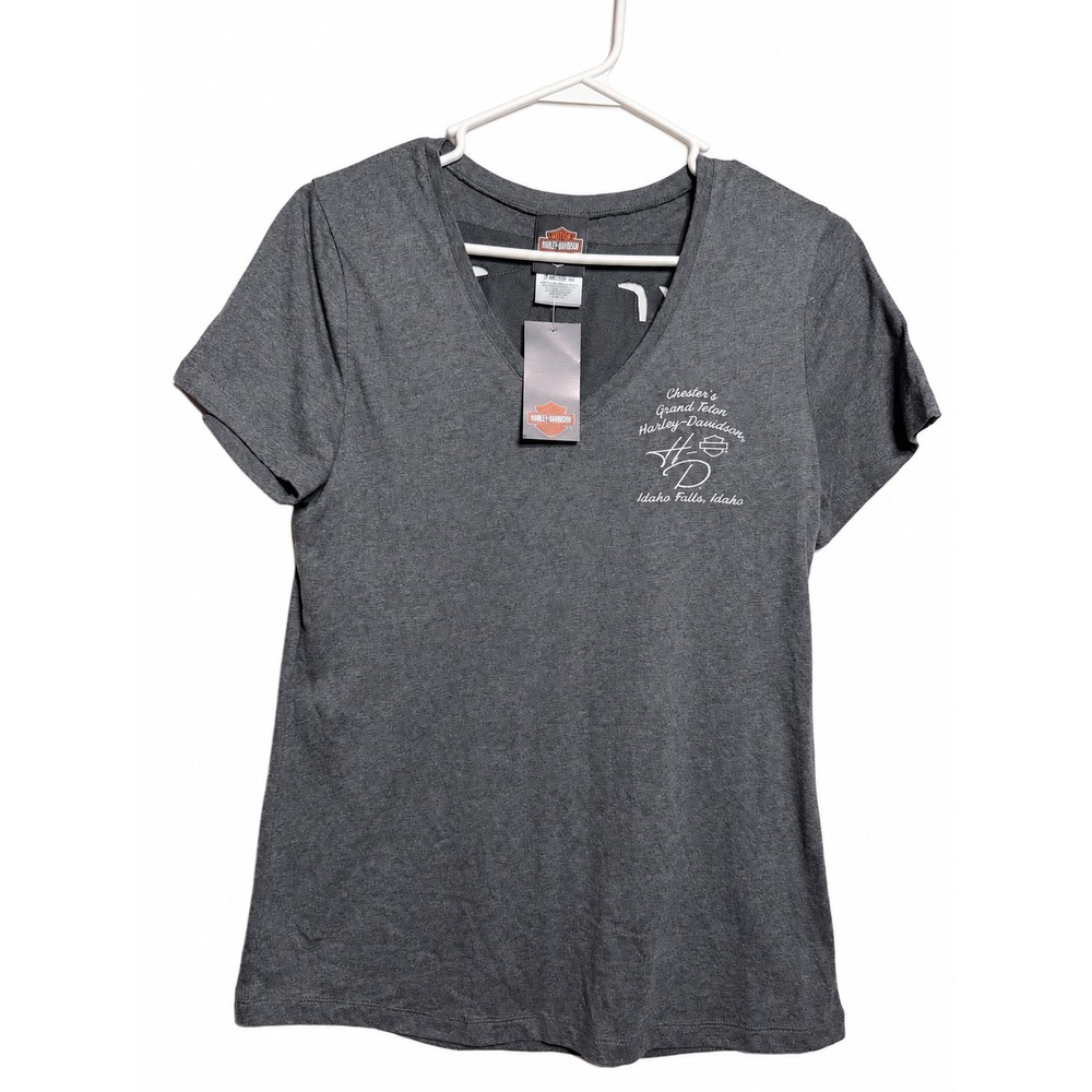 Harley-Davidson Womens V-Neck Laser Cut Winged Shield T-Shirt Grey M NEW